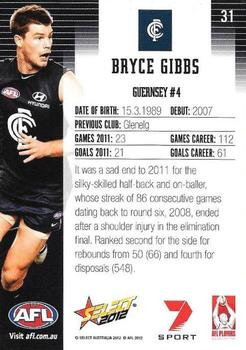 2012 Select AFL Champions #31 Bryce Gibbs Back